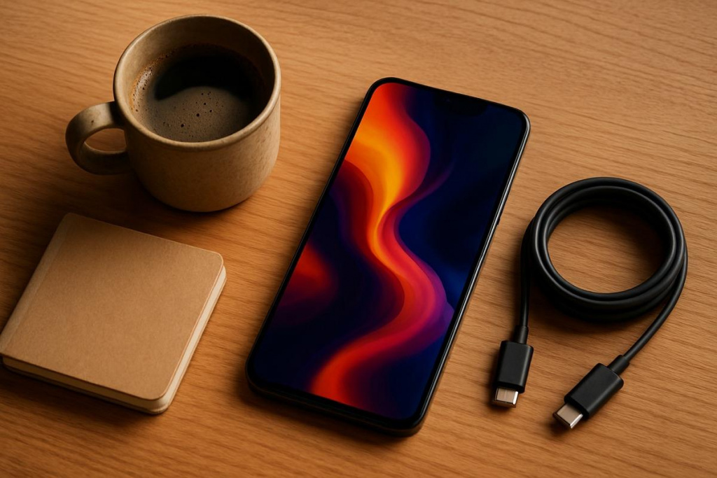 Обзор iPhone 17 — смартфон на столе рядом с чашкой кофе